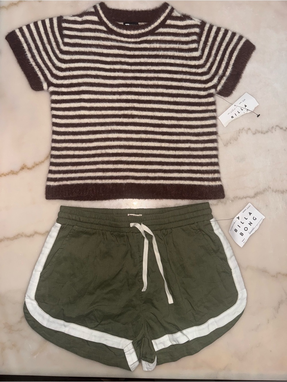 Billabong Olive Green Athletic Shorts & Crew Sweater Tee